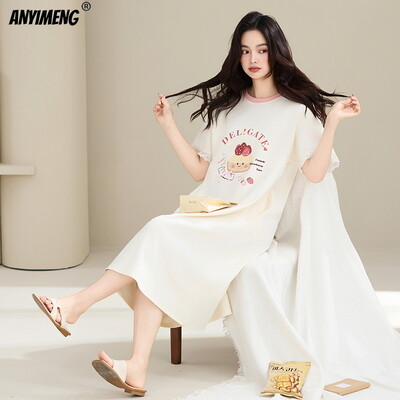 HQ 100% kokvilnas sieviešu naktskrekli vasaras īsām piedurknēm guļamkrekls karikatūra naktskrekls M-4XL liela izmēra garie topi Sieviešu apakšveļas kleita