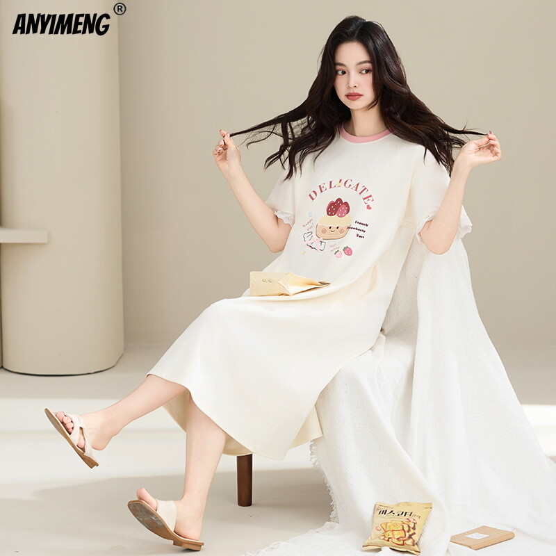 HQ 100% kokvilnas sieviešu naktskrekli vasaras īsām piedurknēm guļamkrekls karikatūra naktskrekls M-4XL liela izmēra garie topi Sieviešu apakšveļas kleita