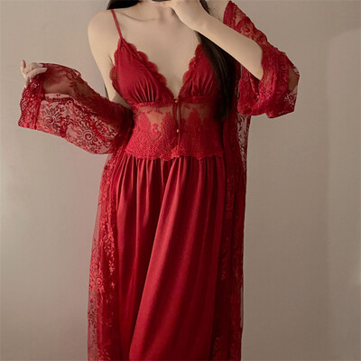 Seksikas kaheosaline kleidikomplekt Kevadsuvi magamisriided Pesu Pits Sling pikkade varrukatega öösärk Naiste Pidžaama ülikond Naiste öösärgid