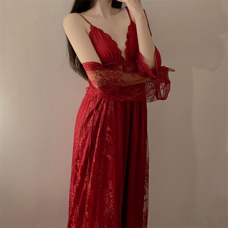 Seksikas kaheosaline kleidikomplekt Kevadsuvi magamisriided Pesu Pits Sling pikkade varrukatega öösärk Naiste Pidžaama ülikond Naiste öösärgid