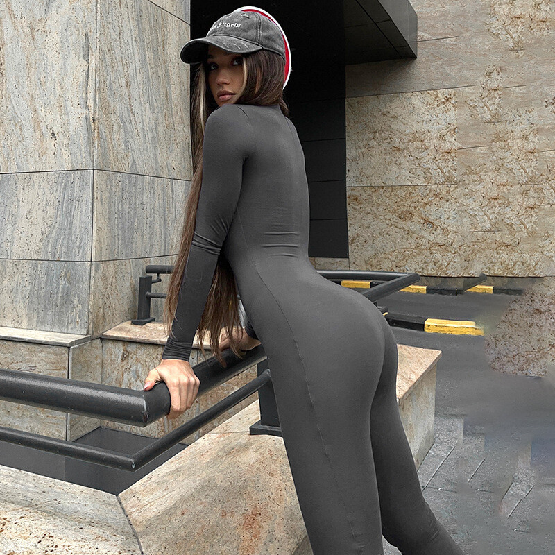 Krüptograafiline sügismood vabaaja tõmblukuga Bodycon Jumpsuits Naiste komplektid Ühes tükis pikkade varrukatega kombinesoonid