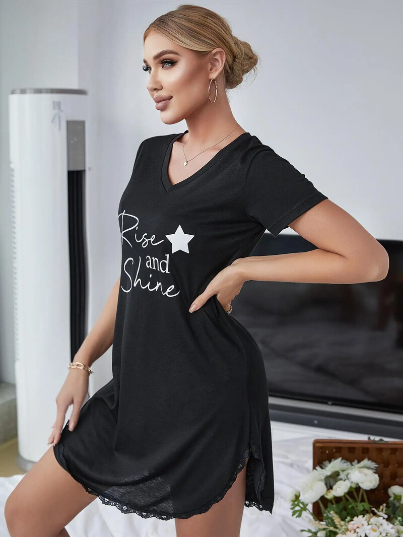 Sieviešu naktskrekli Seksīgi guļamkrekli ar V kakla izgriezumu, īsām piedurknēm guļamveļa, mežģīņu apdare, nakts krekli Naktsveļa mājas apģērbs naktskreklu uzvalks