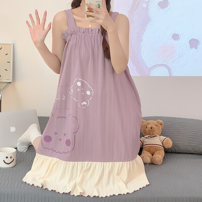 Sieviešu naktskrekli Kokvilnas guļamveļa kleita Princese nakts kleita ar lāča apdruku nakts kleita viengabala pidžamas Sling Naktsveļa bez piedurknēm