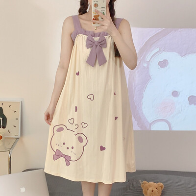 Sieviešu naktskrekli Kokvilnas guļamveļa kleita Princese nakts kleita ar lāča apdruku nakts kleita viengabala pidžamas Sling Naktsveļa bez piedurknēm