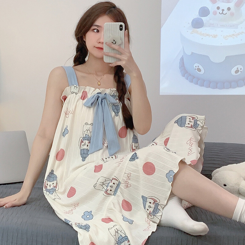 Sieviešu naktskrekli Kokvilnas guļamveļa kleita Princese nakts kleita ar lāča apdruku nakts kleita viengabala pidžamas Sling Naktsveļa bez piedurknēm