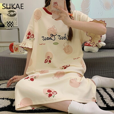 SUKAE M-4XL 100% PUUVILLINE Naiste öösärk vabaaja lühikeste varrukatega magamissärk vaba aja öösärgid mood tüdrukute magamisriided koomiksikleit