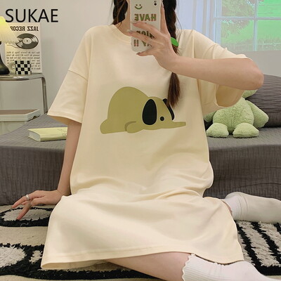 SUKAE M-4XL 100% PUUVILLINE Naiste öösärk vabaaja lühikeste varrukatega magamissärk vaba aja öösärgid mood tüdrukute magamisriided koomiksikleit
