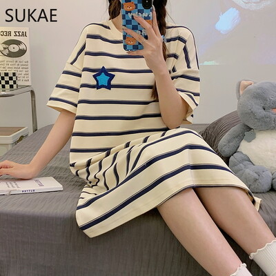 SUKAE M-4XL 100% PUUVILLINE Naiste öösärk vabaaja lühikeste varrukatega magamissärk vaba aja öösärgid mood tüdrukute magamisriided koomiksikleit