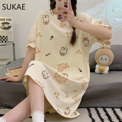 SUKAE M-4XL 100% PUUVILLINE Naiste öösärk vabaaja lühikeste varrukatega magamissärk vaba aja öösärgid mood tüdrukute magamisriided koomiksikleit