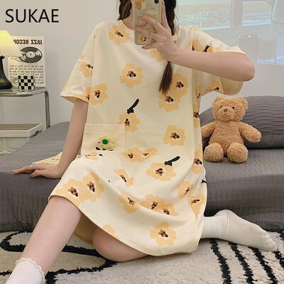 SUKAE M-4XL 100% PUUVILLINE Naiste öösärk vabaaja lühikeste varrukatega magamissärk vaba aja öösärgid mood tüdrukute magamisriided koomiksikleit