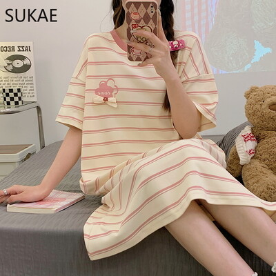 SUKAE M-4XL 100% PUUVILLINE Naiste öösärk vabaaja lühikeste varrukatega magamissärk vaba aja öösärgid mood tüdrukute magamisriided koomiksikleit
