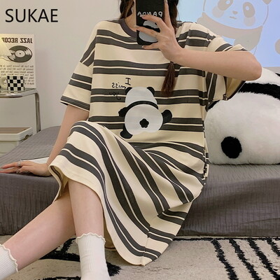 SUKAE M-4XL 100% PUUVILLINE Naiste öösärk vabaaja lühikeste varrukatega magamissärk vaba aja öösärgid mood tüdrukute magamisriided koomiksikleit