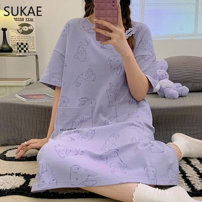 SUKAE M-4XL 100% PUUVILLINE Naiste öösärk vabaaja lühikeste varrukatega magamissärk vaba aja öösärgid mood tüdrukute magamisriided koomiksikleit