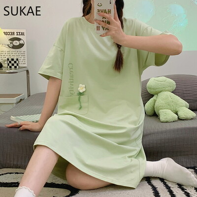 SUKAE M-4XL 100% PUUVILLINE Naiste öösärk vabaaja lühikeste varrukatega magamissärk vaba aja öösärgid mood tüdrukute magamisriided koomiksikleit