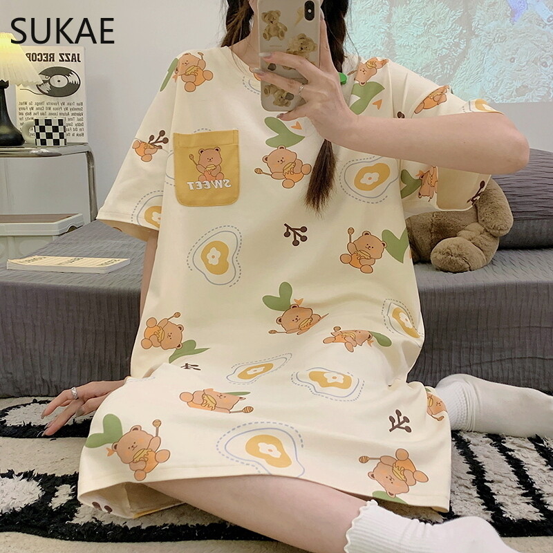 SUKAE M-4XL 100% PUUVILLINE Naiste öösärk vabaaja lühikeste varrukatega magamissärk vaba aja öösärgid mood tüdrukute magamisriided koomiksikleit
