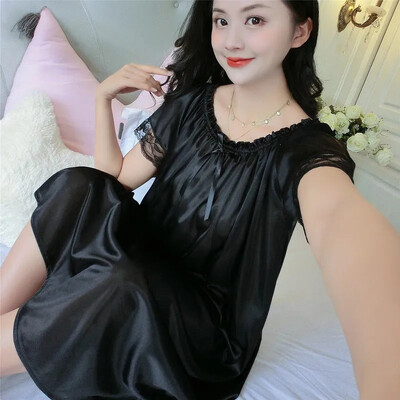 2024 m. Moterų ledo šilko miegui skirtų drabužių rinkinys Naktinis marškinys Namų drabužiai Naktiniai rūbai pižamos Moteriški nėriniuoti naktiniai marškinėliai V formos iškirpte 40kg-100kg