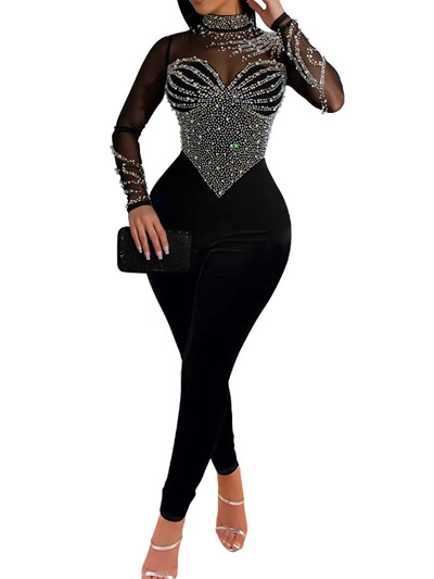 Pearls Rhinestone Romper Sieviešu Kombinezoni Tīkla caurspīdīgs Skinny Viengabala Kombinezons