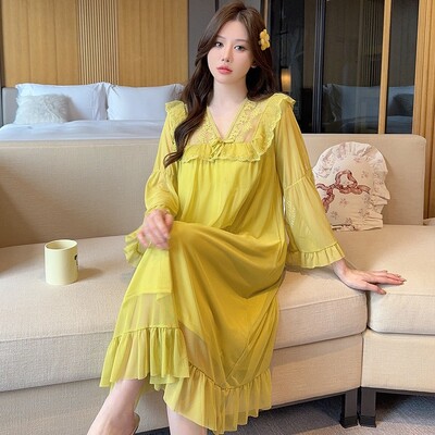 2025. gada pavasara saldie mežģīņu princeses kokvilnas naktskrekli ar garām piedurknēm sievietēm korejiešu mīļi guļamveļa naktskleita naktskleita mājas naktskrekls