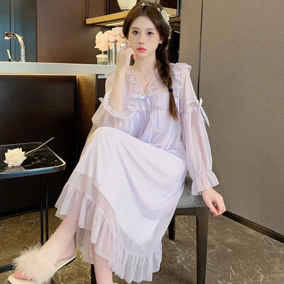 2025. gada pavasara saldie mežģīņu princeses kokvilnas naktskrekli ar garām piedurknēm sievietēm korejiešu mīļi guļamveļa naktskleita naktskleita mājas naktskrekls