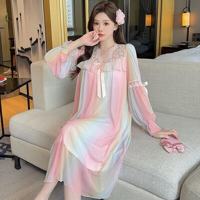 2025. gada pavasara saldie mežģīņu princeses kokvilnas naktskrekli ar garām piedurknēm sievietēm korejiešu mīļi guļamveļa naktskleita naktskleita mājas naktskrekls