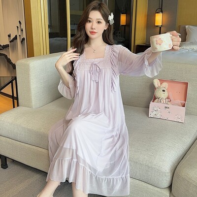 2025. gada pavasara saldie mežģīņu princeses kokvilnas naktskrekli ar garām piedurknēm sievietēm korejiešu mīļi guļamveļa naktskleita naktskleita mājas naktskrekls