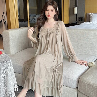 2025. gada pavasara saldie mežģīņu princeses kokvilnas naktskrekli ar garām piedurknēm sievietēm korejiešu mīļi guļamveļa naktskleita naktskleita mājas naktskrekls