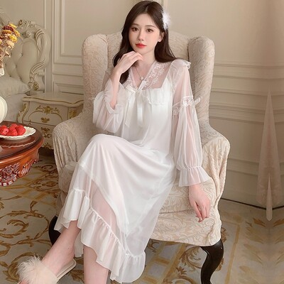 2025. gada pavasara saldie mežģīņu princeses kokvilnas naktskrekli ar garām piedurknēm sievietēm korejiešu mīļi guļamveļa naktskleita naktskleita mājas naktskrekls