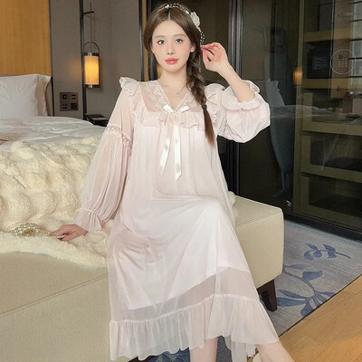 2025. gada pavasara saldie mežģīņu princeses kokvilnas naktskrekli ar garām piedurknēm sievietēm korejiešu mīļi guļamveļa naktskleita naktskleita mājas naktskrekls