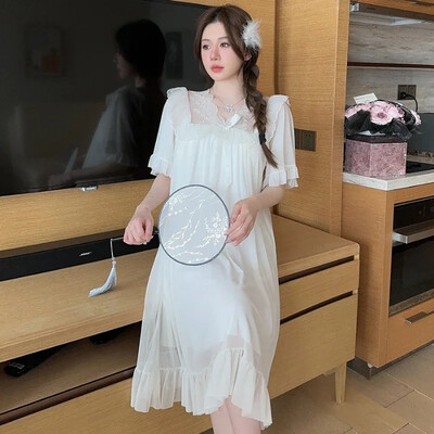 2025. gada pavasara saldie mežģīņu princeses kokvilnas naktskrekli ar garām piedurknēm sievietēm korejiešu mīļi guļamveļa naktskleita naktskleita mājas naktskrekls