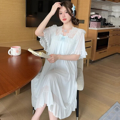 2025. gada pavasara saldie mežģīņu princeses kokvilnas naktskrekli ar garām piedurknēm sievietēm korejiešu mīļi guļamveļa naktskleita naktskleita mājas naktskrekls