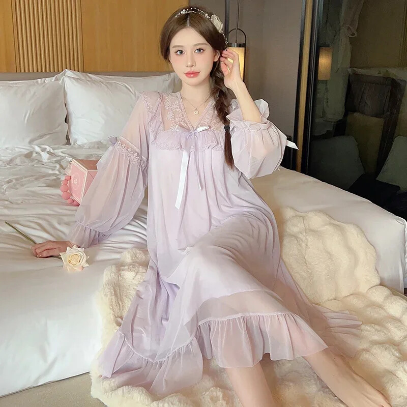 2025. gada pavasara saldie mežģīņu princeses kokvilnas naktskrekli ar garām piedurknēm sievietēm korejiešu mīļi guļamveļa naktskleita naktskleita mājas naktskrekls