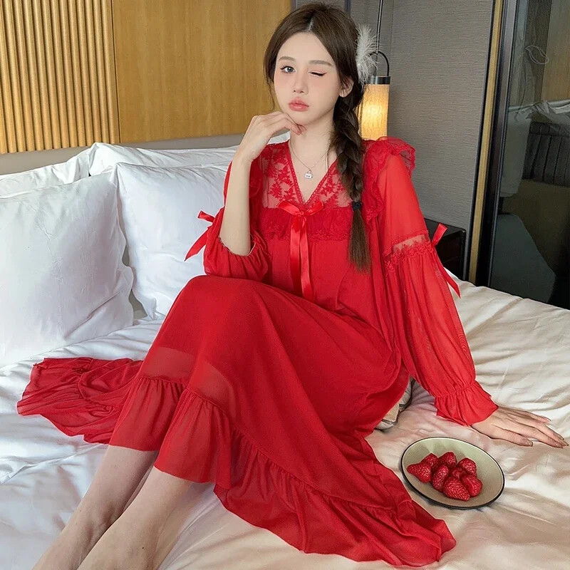 2025. gada pavasara saldie mežģīņu princeses kokvilnas naktskrekli ar garām piedurknēm sievietēm korejiešu mīļi guļamveļa naktskleita naktskleita mājas naktskrekls