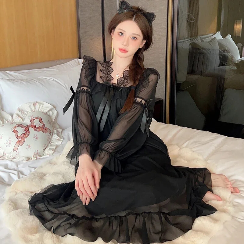 2025. gada pavasara saldie mežģīņu princeses kokvilnas naktskrekli ar garām piedurknēm sievietēm korejiešu mīļi guļamveļa naktskleita naktskleita mājas naktskrekls