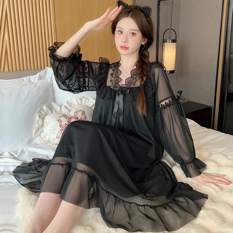 2025. gada pavasara saldie mežģīņu princeses kokvilnas naktskrekli ar garām piedurknēm sievietēm korejiešu mīļi guļamveļa naktskleita naktskleita mājas naktskrekls