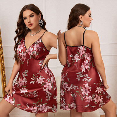 Naktiniai marškiniai su gėlėmis Negabaritinė 4Xl 5Xl Miego rūbai Moteriški satininiai naktiniai Sexy Cami Namų suknelė V formos kaklo apatinis trikotažas Naminiai drabužiai Naktiniai drabužiai