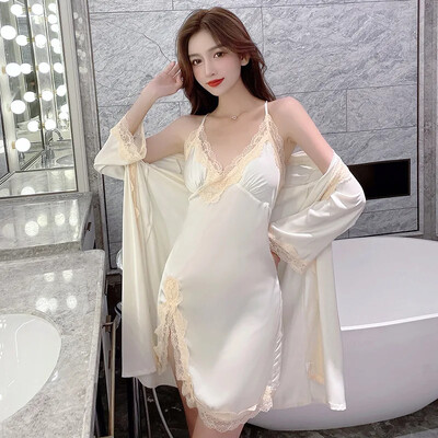 Seksualūs „Ice Silk Tank“ naktiniai marškiniai, moteriški V formos iškirpte, nėriniuota suknelė su atvira nugara, dviejų dalių rinkinys „Seduction Induction“ vasaros naktiniai drabužiai