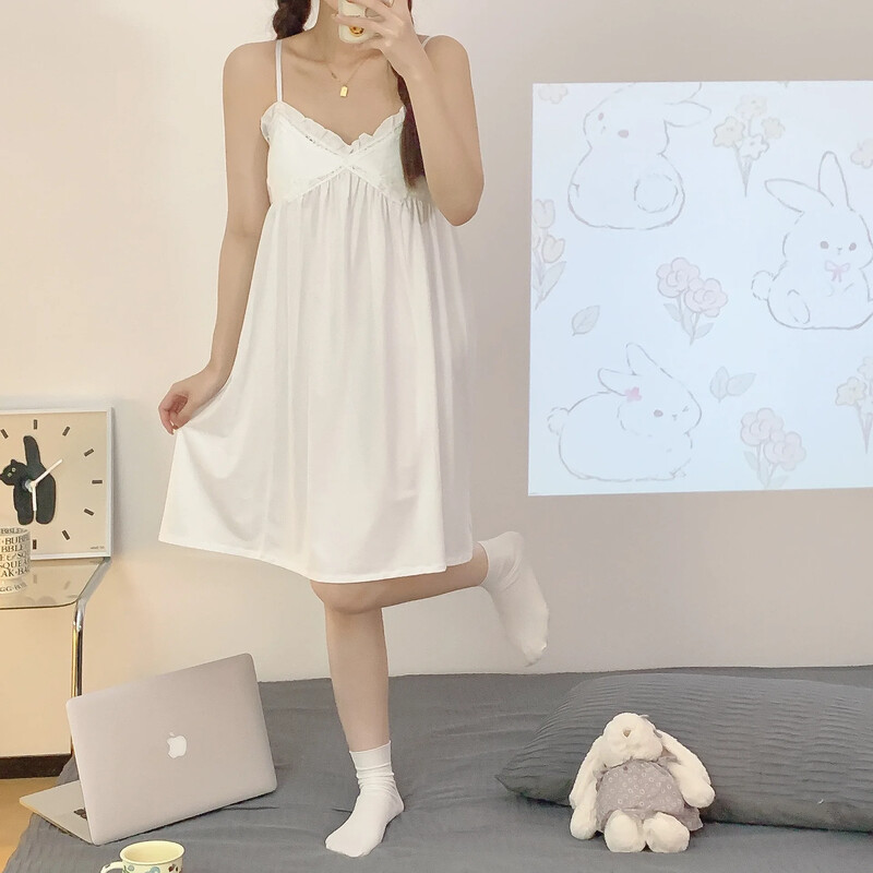 Suvine uue stiiliga valge puuvillane unekleit naistele Sweet Dreams esteetiline rinnakorv V-kaelusega öösärk