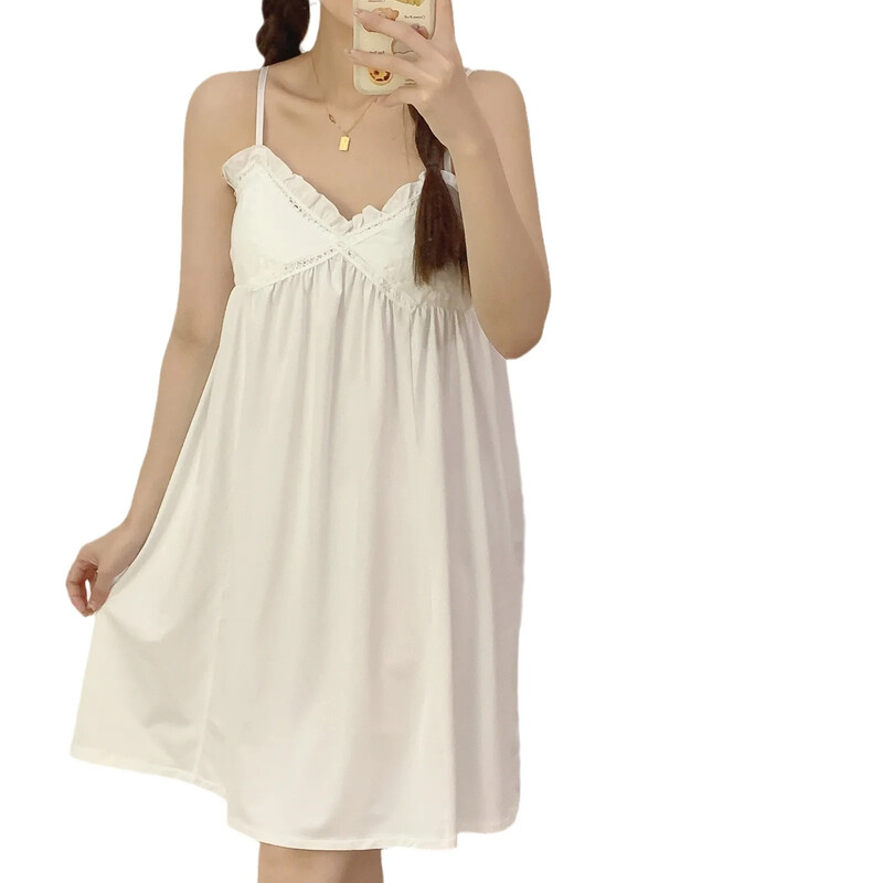 Suvine uue stiiliga valge puuvillane unekleit naistele Sweet Dreams esteetiline rinnakorv V-kaelusega öösärk