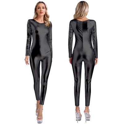 Moteriški metaliniai blizgūs Unitard šokių drabužiai su apvaliu kaklu, ilgomis rankovėmis, ploni, viso kūno kostiumai, vienetiniai klubinių drabužių festivalio kostiumai