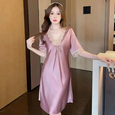 Sieviešu vasaras plāns ledus zīda apmale ar īsām piedurknēm korejiešu stila seksīgi mīksta ledus zīda brīvi pieguļošs naktskrekls mājas apģērbam