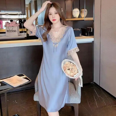 Sieviešu vasaras plāns ledus zīda apmale ar īsām piedurknēm korejiešu stila seksīgi mīksta ledus zīda brīvi pieguļošs naktskrekls mājas apģērbam