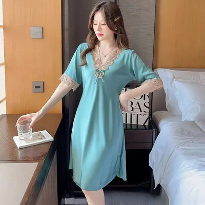 Sieviešu vasaras plāns ledus zīda apmale ar īsām piedurknēm korejiešu stila seksīgi mīksta ledus zīda brīvi pieguļošs naktskrekls mājas apģērbam