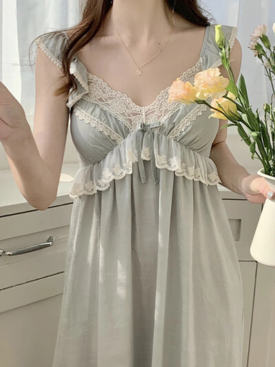 Korejiešu saldās meitenes mežģīņu kokvilnas vintage princeses naktskrekla pidžama ar spilventiņu Fairy V-veida kakla izgriezumiem, volāniem naktskrekli Viktorijas laika guļamveļa