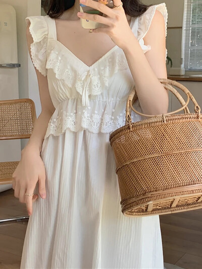 Korejiešu saldās meitenes mežģīņu kokvilnas vintage princeses naktskrekla pidžama ar spilventiņu Fairy V-veida kakla izgriezumiem, volāniem naktskrekli Viktorijas laika guļamveļa