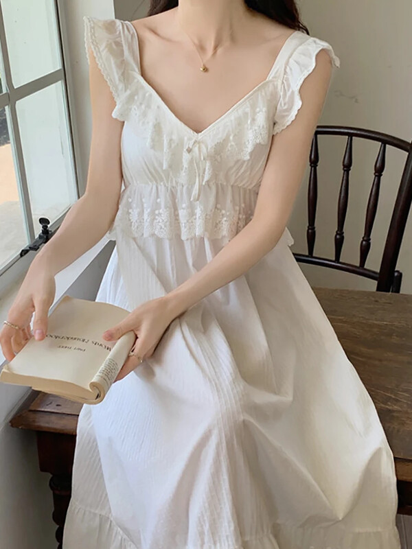 Korejiešu saldās meitenes mežģīņu kokvilnas vintage princeses naktskrekla pidžama ar spilventiņu Fairy V-veida kakla izgriezumiem, volāniem naktskrekli Viktorijas laika guļamveļa