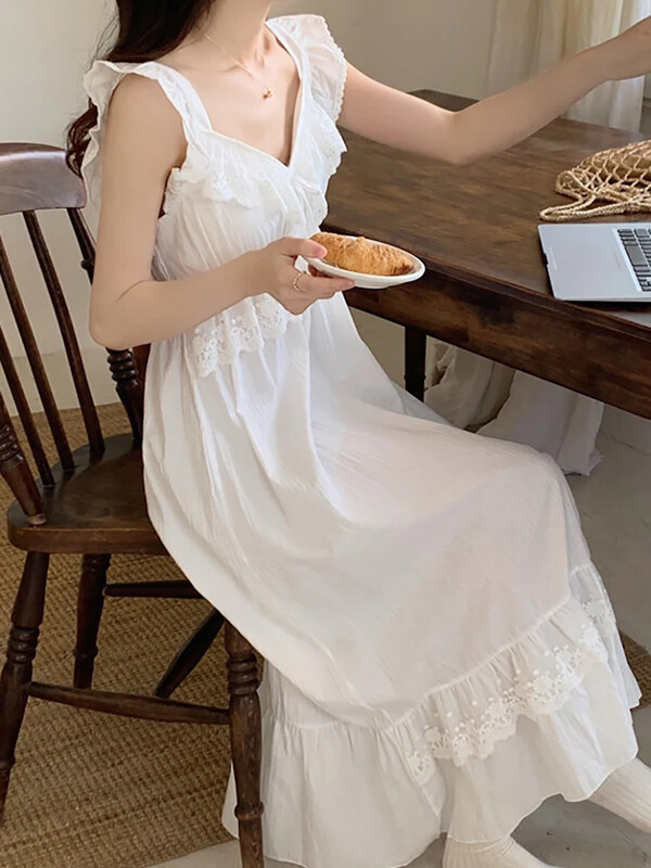 Korejiešu saldās meitenes mežģīņu kokvilnas vintage princeses naktskrekla pidžama ar spilventiņu Fairy V-veida kakla izgriezumiem, volāniem naktskrekli Viktorijas laika guļamveļa