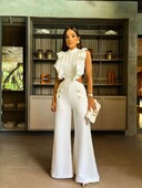 Jauns vasaras sieviešu kombinezons ar vienu priekšējo volānu kombinezonu bez piedurknēm, platām kājām, garām biksēm, bodijs, pieskaņots ikdienas ielas apģērbam