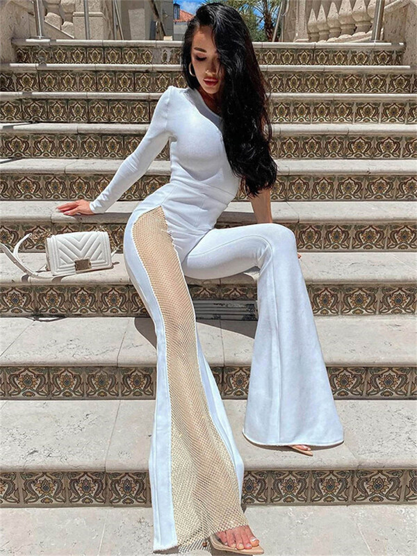 kliou Διχτυωτό συνονθύλευμα Γυναικεία Ολόσωμη φόρμα Hipster Κλίση ώμου Μονόμανικο Θήκη Flare Φόρμες Γυναικεία Φθινοπωρινά ρούχα Street