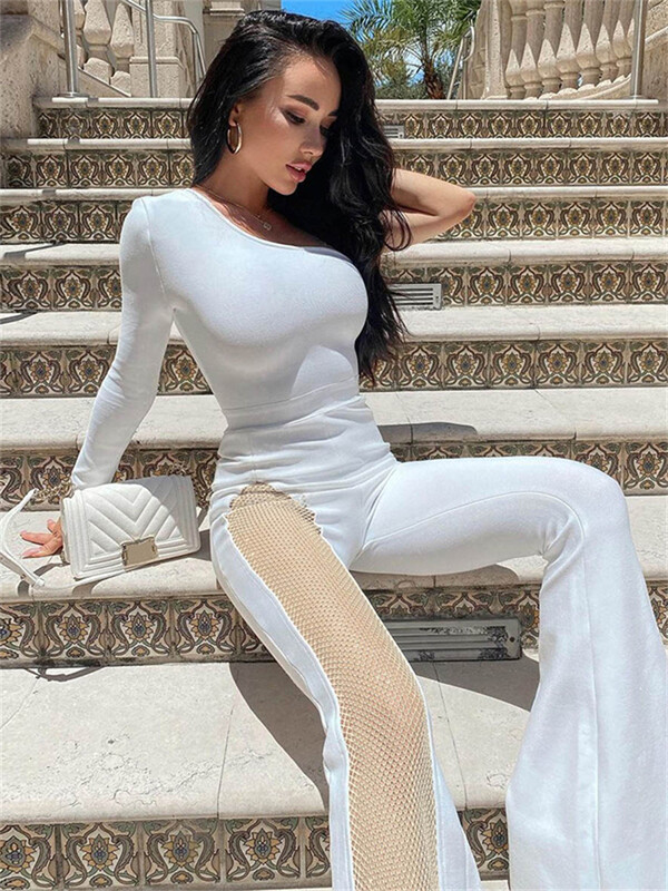 kliou Διχτυωτό συνονθύλευμα Γυναικεία Ολόσωμη φόρμα Hipster Κλίση ώμου Μονόμανικο Θήκη Flare Φόρμες Γυναικεία Φθινοπωρινά ρούχα Street