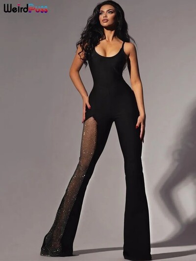 Weird Puss Y2K Elegantni kombinezon Ženski jednobojni modni mrežasti kombinezon bez rukava bez rukava Šipkaste hlače Elastična ulična odjeća